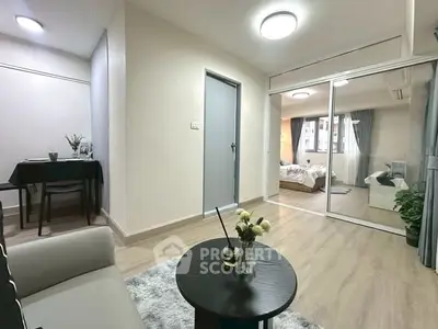 Modern apartment interior with cozy living room and bedroom view