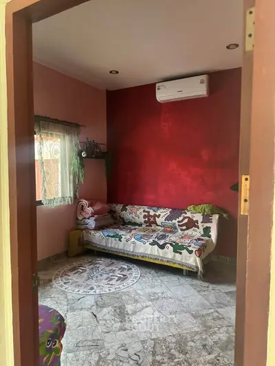 Cozy living room with vibrant red accent wall and air conditioning, featuring a comfortable sofa and decorative flooring.