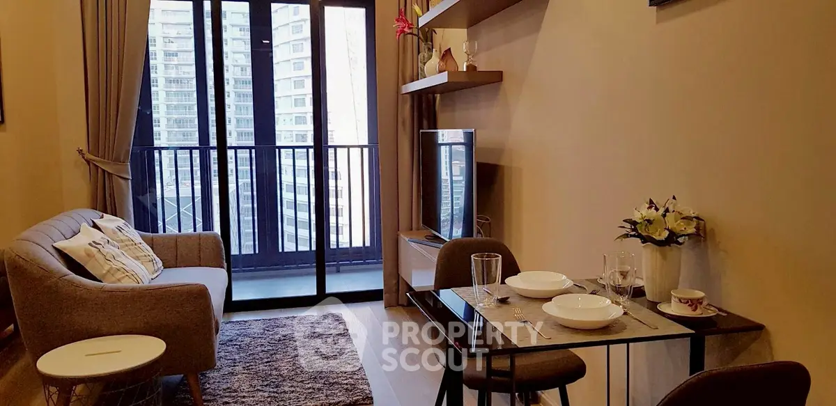 Modern living room with balcony view in urban apartment
