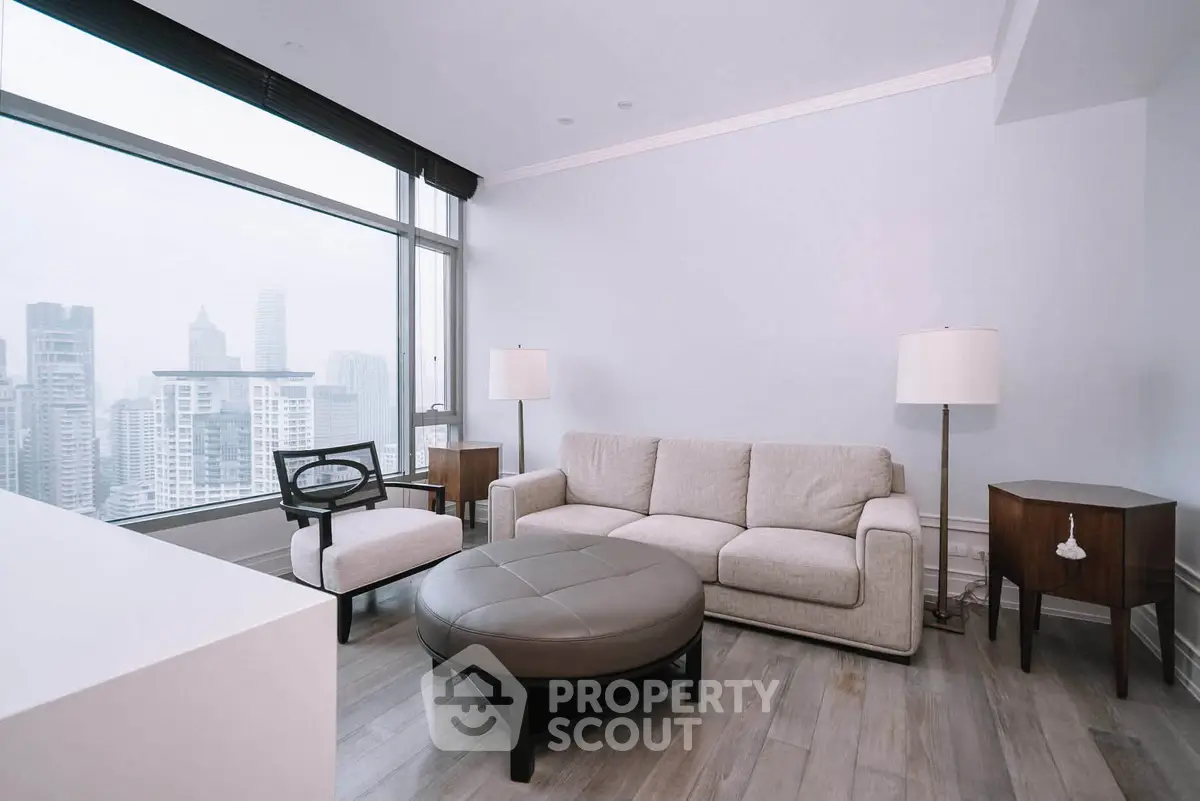 Modern living room with panoramic city view and stylish furniture