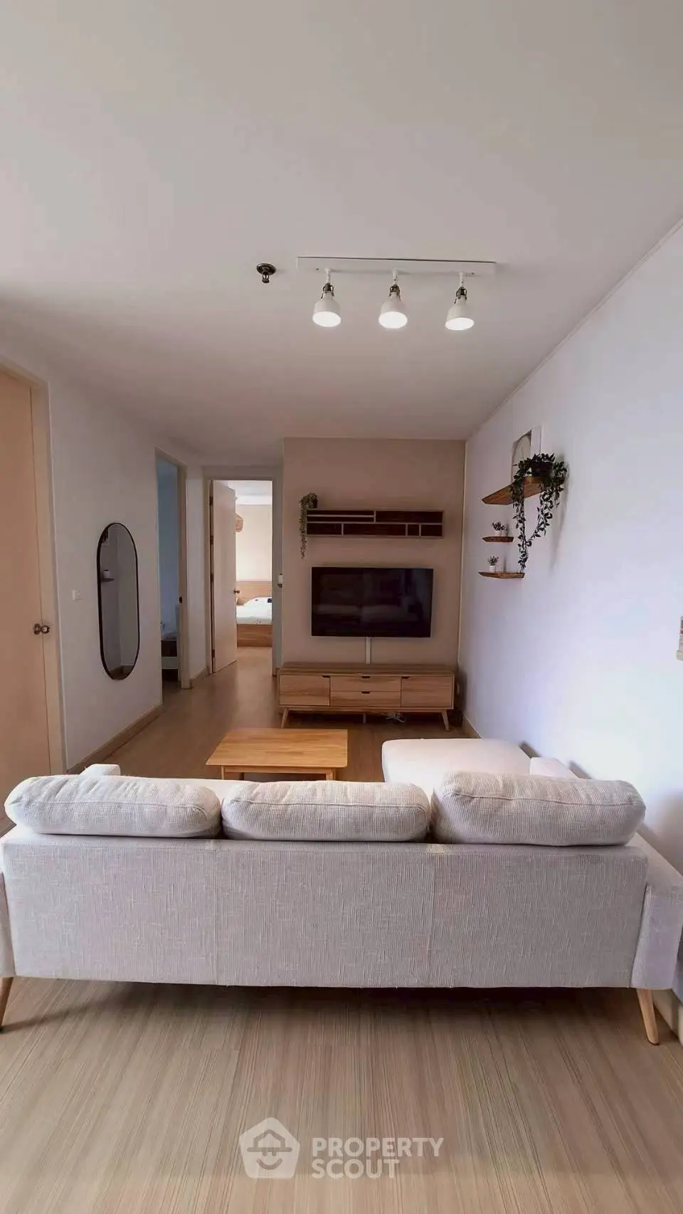 Modern living room with cozy sofa and stylish decor