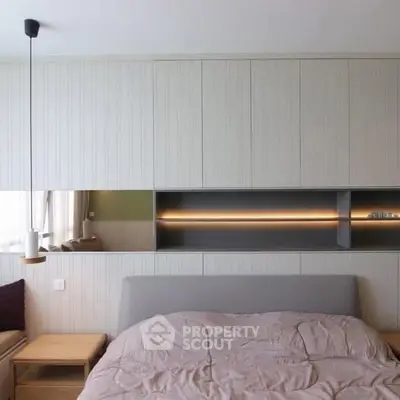 Modern bedroom with sleek design and ambient lighting