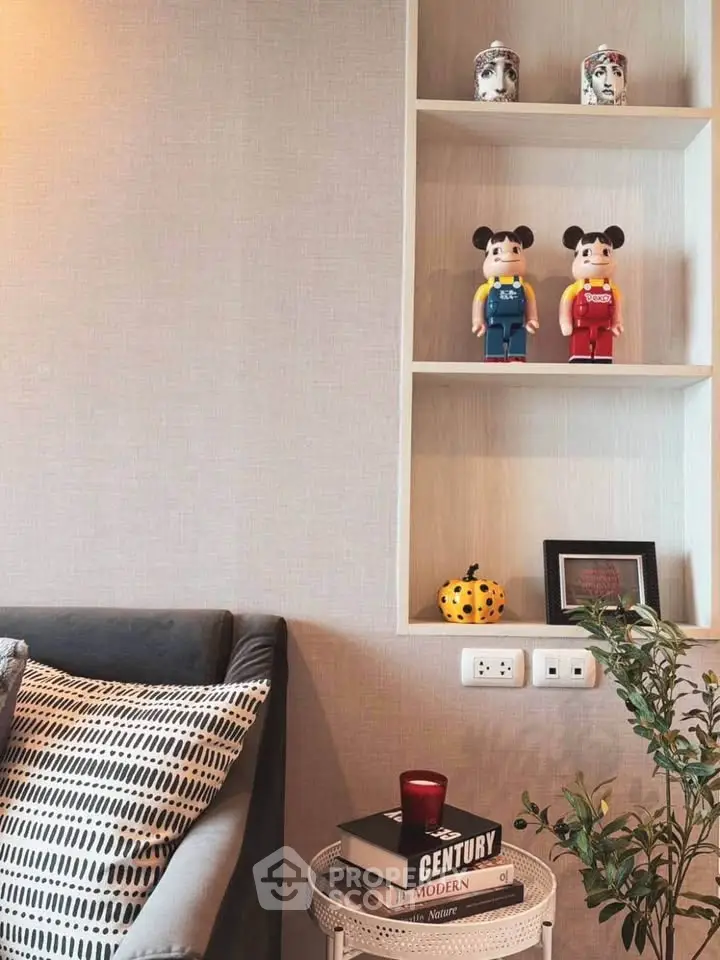 Stylish living room with modern decor and unique shelving display