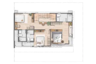 Modern architectural floor plan with three bedrooms and two bathrooms.
