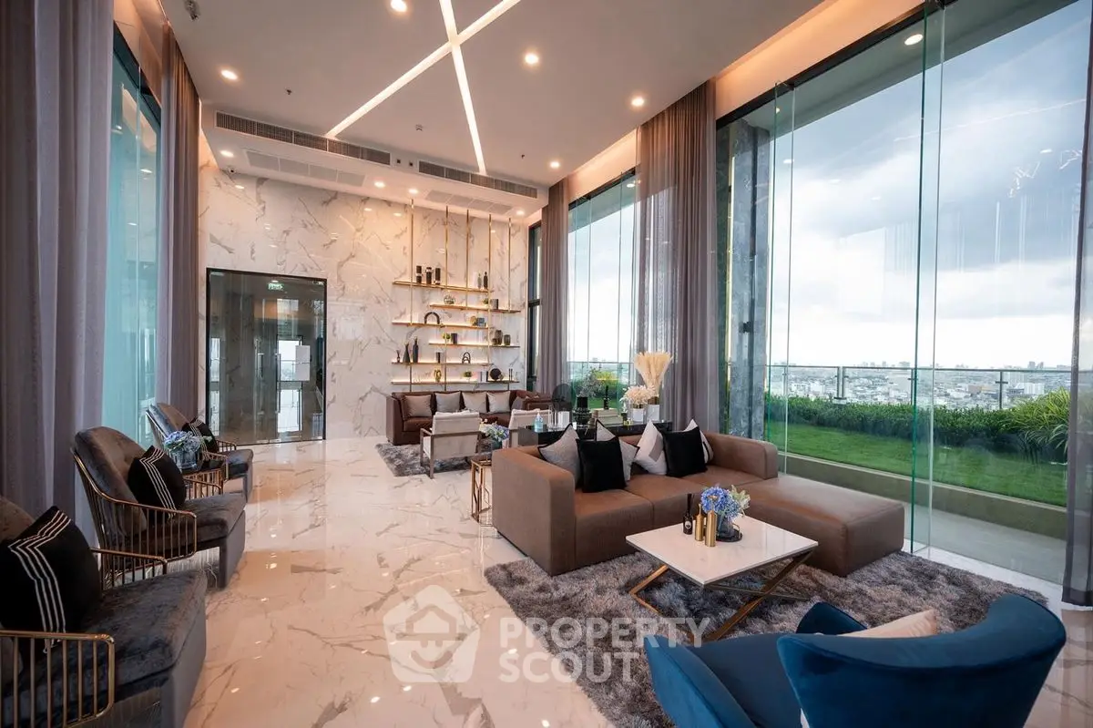Luxurious living room with panoramic city view and elegant decor