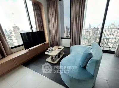 Luxurious living room with stunning city view and modern furnishings