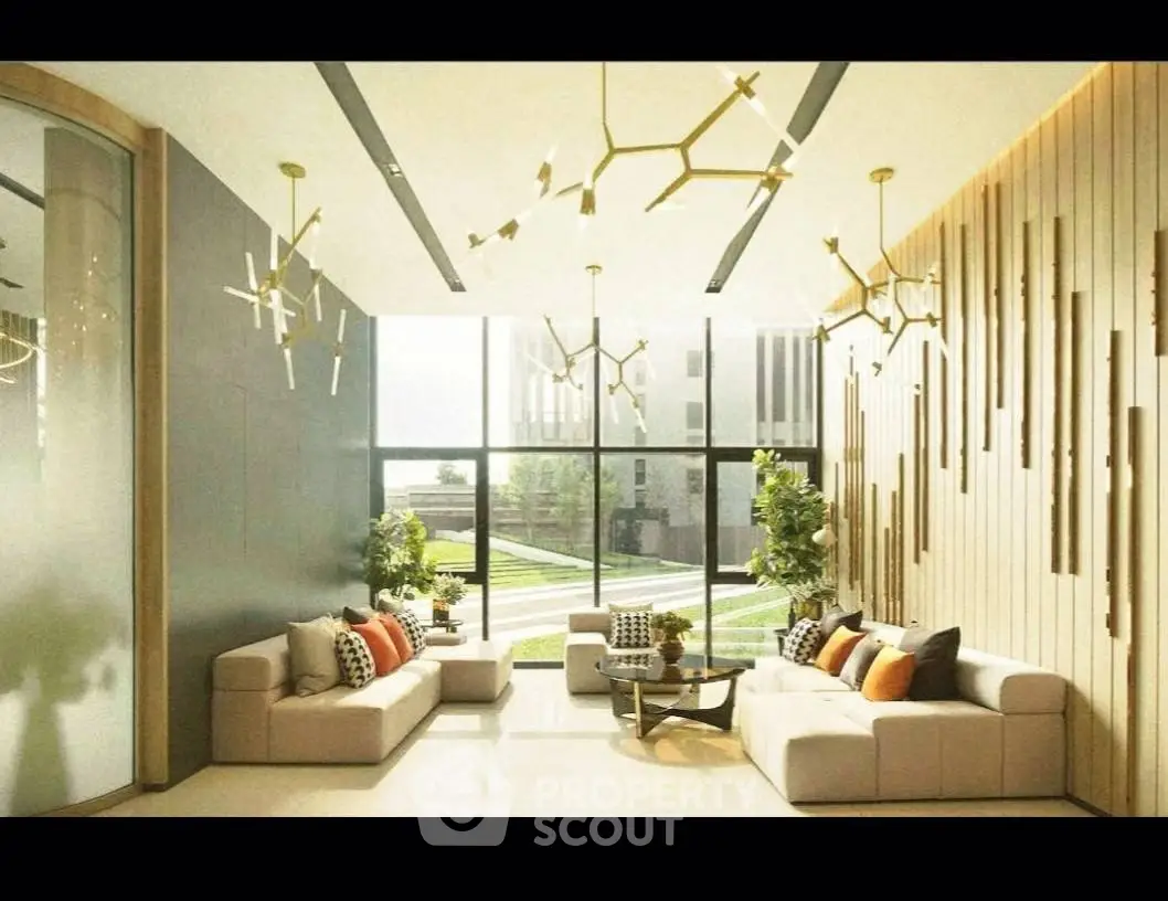Luxurious modern living room with floor-to-ceiling windows and stylish lighting fixtures.
