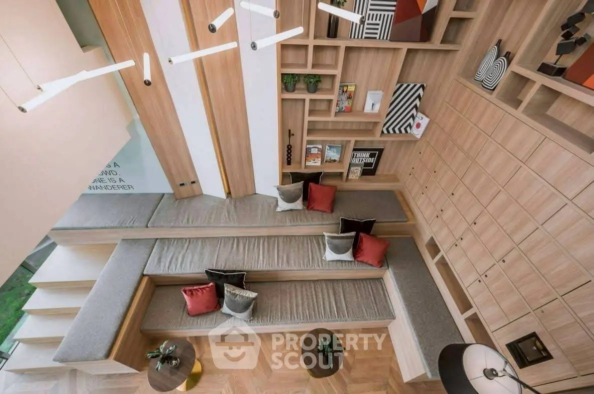 Modern living room with unique tiered seating and stylish decor