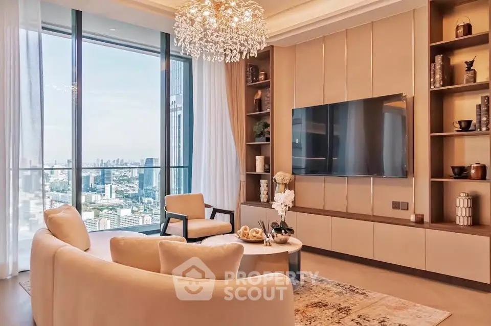 Luxurious living room with stunning city view and elegant decor