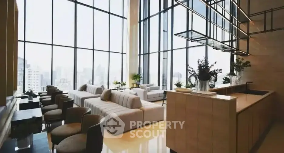 Luxurious modern living room with floor-to-ceiling windows and stunning city view.