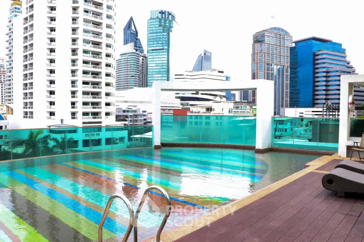 Luxurious rooftop pool with stunning city skyline views in modern urban setting.
