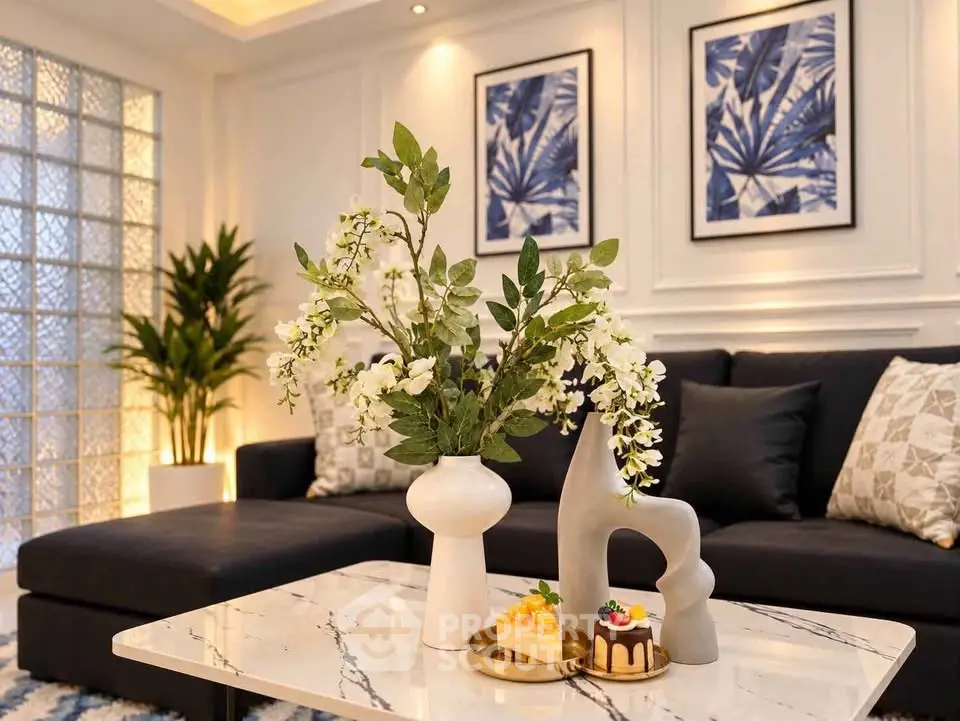 Elegant living room with modern decor and stylish furniture, featuring a marble coffee table and artistic wall art.