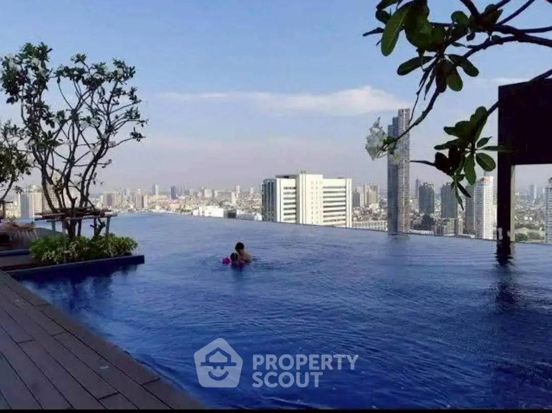 Stunning rooftop infinity pool with panoramic city skyline view.