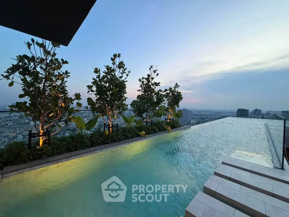 Luxurious rooftop infinity pool with stunning city skyline view at sunset.