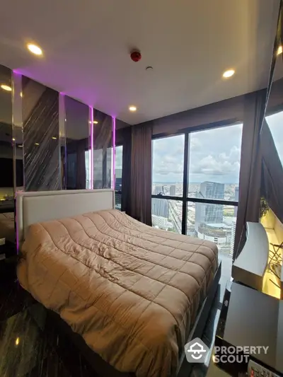 Luxurious bedroom with stunning city view and modern decor