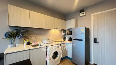 Modern kitchen with sleek cabinets and built-in appliances, featuring a washing machine and fridge.