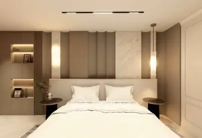 Luxurious modern bedroom with elegant lighting and stylish decor