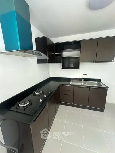 Modern kitchen with sleek dark cabinets and gas stove in a contemporary home.