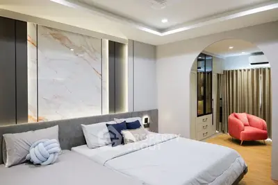 Luxurious modern bedroom with elegant decor and stylish furnishings