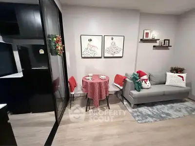 Cozy living room with festive decor and modern furniture