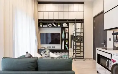 Modern living room with stylish shelving and cozy seating area