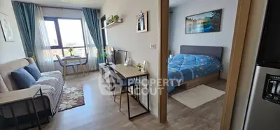 Modern apartment interior with cozy living room and bedroom, featuring stylish decor and natural light.