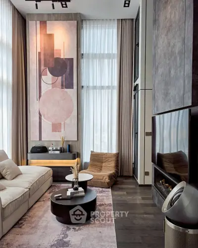 Luxurious modern living room with high ceilings and stylish decor