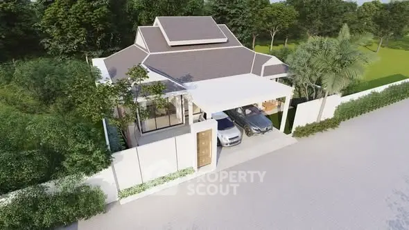 Stunning modern house with spacious driveway and lush greenery, perfect for serene living.