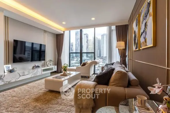 Luxurious living room with city view, modern decor, and cozy ambiance.