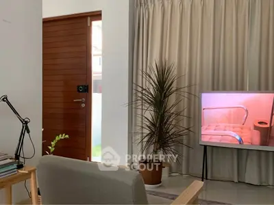 Modern living room with stylish decor and wooden door, featuring a TV and indoor plant.