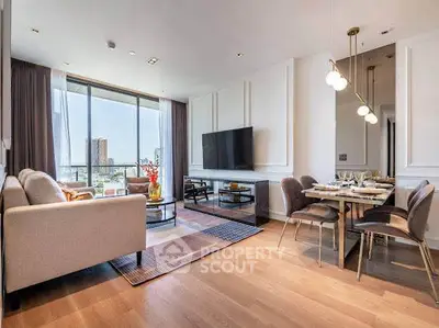 Luxurious modern living room with large windows and elegant dining area, offering stunning city views.
