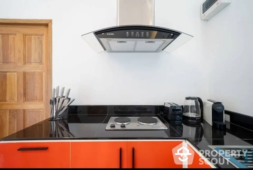 Modern kitchen with sleek black countertop and electric stove