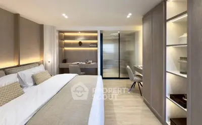 Luxurious modern bedroom with elegant decor and built-in storage, perfect for comfort and style.