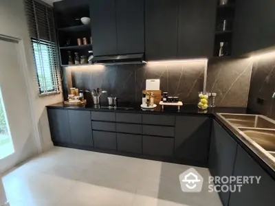 Luxurious modern kitchen with sleek black cabinetry and ambient lighting