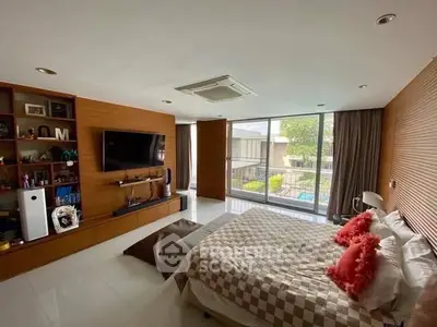 Spacious modern bedroom with large windows and stylish decor