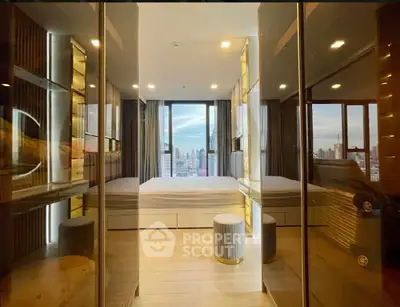Luxurious bedroom with stunning city view and modern decor