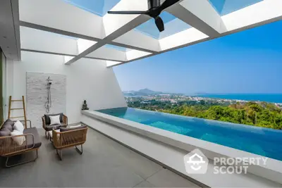 Luxurious rooftop pool with stunning panoramic view and modern seating area.