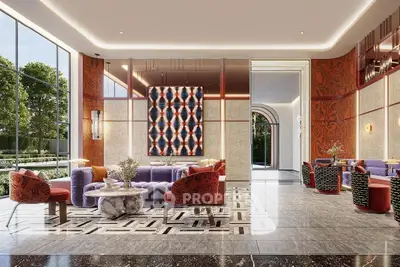Luxurious modern living room with elegant decor and large windows overlooking a lush garden.
