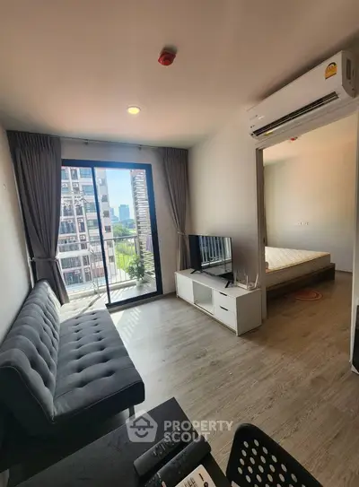 Modern living room with balcony view in a stylish apartment