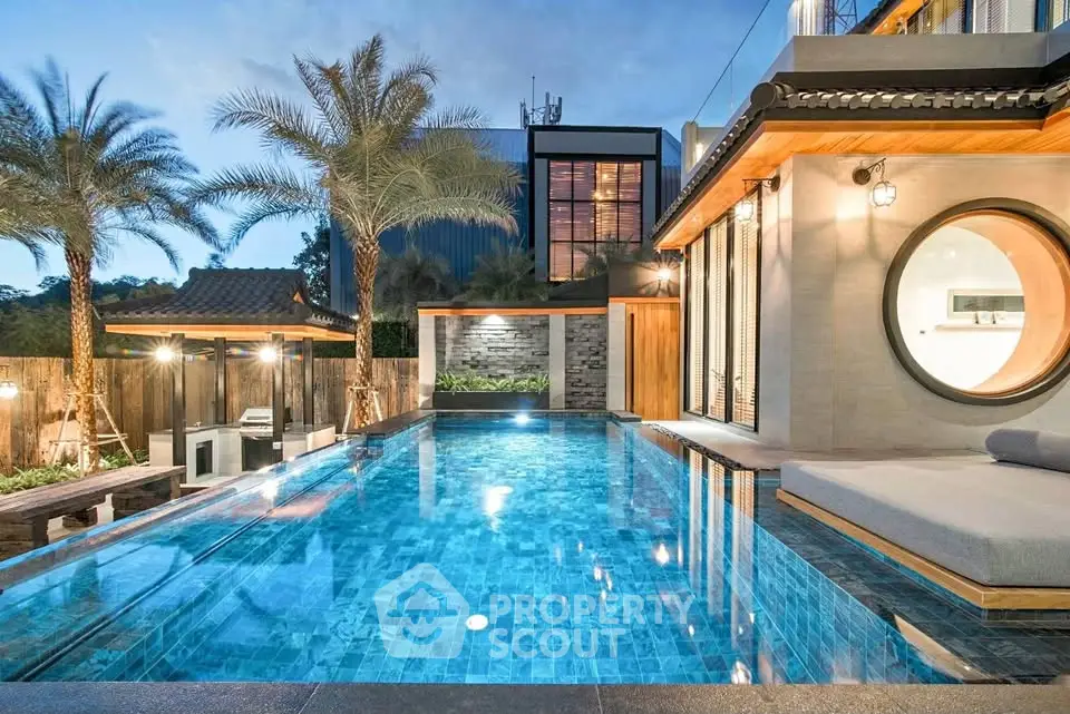 Luxurious modern villa with stunning pool and elegant architecture at sunset.