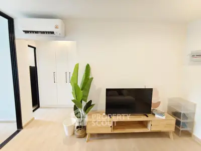 Modern living room with sleek TV stand and indoor plant, featuring minimalist design and ample natural light.