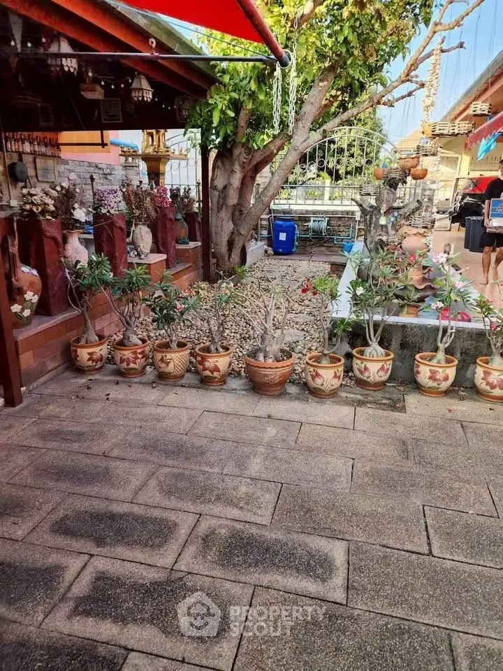 Charming outdoor patio with potted plants and rustic decor, perfect for relaxation and entertaining.