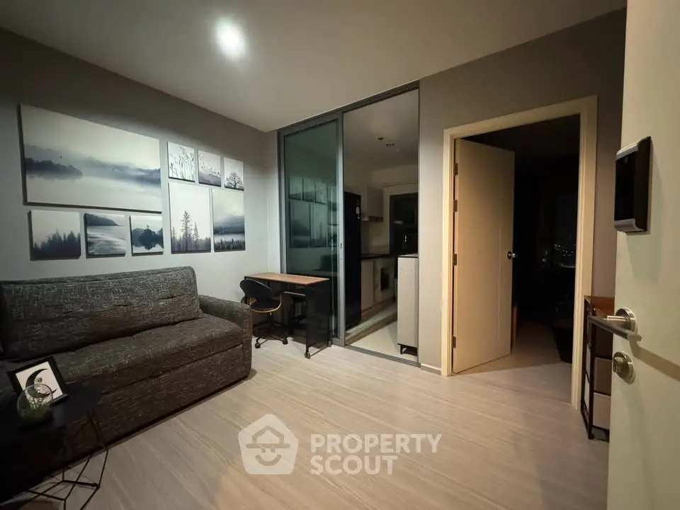 Modern living room with stylish decor and open kitchen view