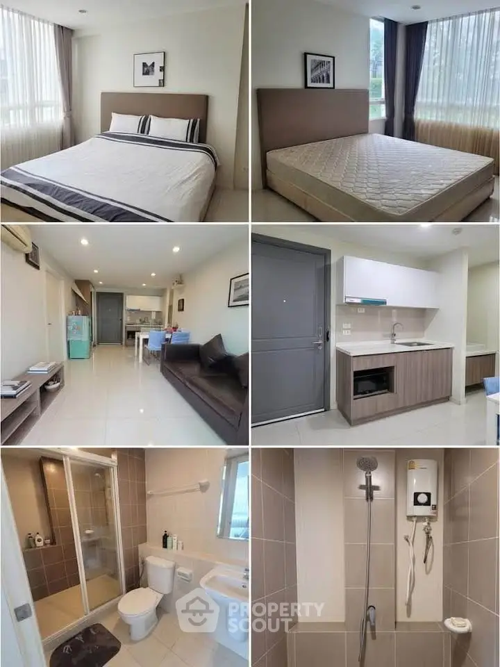 Modern apartment interior with bedroom, living room, kitchen, and bathroom showcasing sleek design and ample natural light.