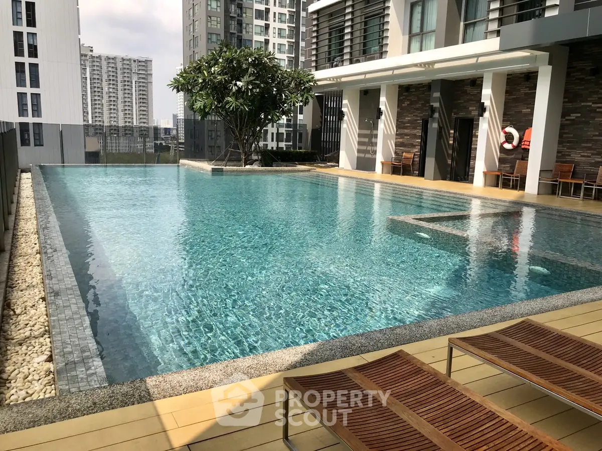 Luxurious rooftop pool with stunning city views in modern high-rise building.