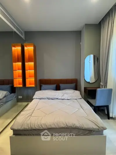 Modern bedroom with stylish decor and cozy ambiance