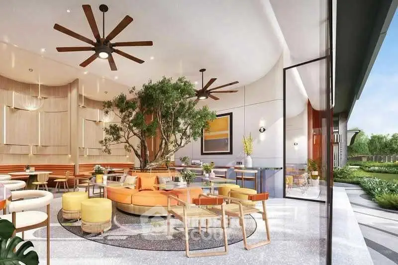 Luxurious modern living room with stylish decor and garden view, perfect for relaxation and entertainment.