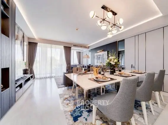 Luxurious dining room with elegant decor and modern lighting in a spacious apartment.