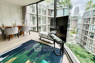 Luxurious modern living room with floor-to-ceiling windows and stunning city view