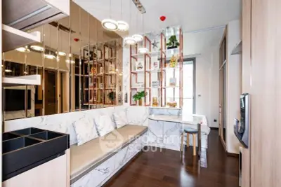 Stylish modern living room with elegant marble accents and cozy seating area.